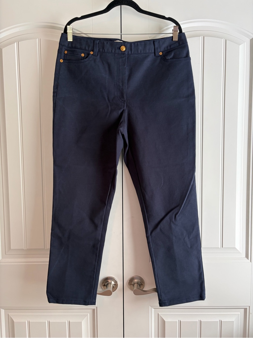 Tory Burch Navy Blue Cotton Blend Trousers Women's Size 14 Tailored Straight Leg
